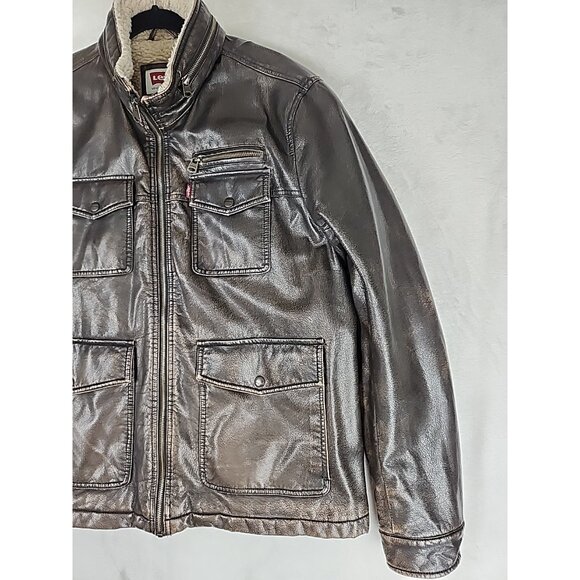 Levi's Aviator Bomber Jacket Men's Size Large Brown Faux Leather Sherpa Lined - Picture 3 of 13